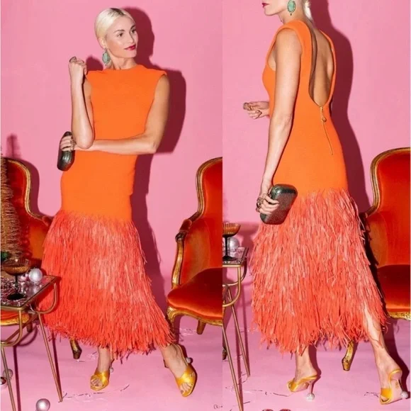 SUPER RARE Aje Raffia Trimmed Ribbed Stretch Knit Midi Dress Orange Size XXS. - Picture 2 of 12